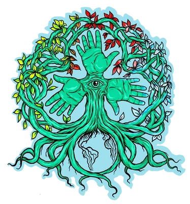 A drawing of a tree with hands and leaves